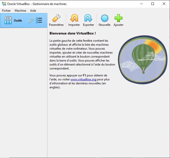 Page d'accueil de VirtualBox
